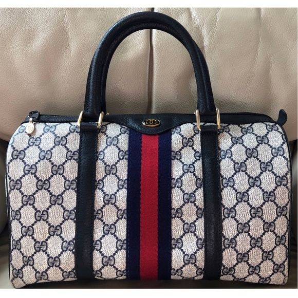 Gucci Handbags - Authentic Vintage Gucci Web Monogram Canvas Leather Large Boston Bag with COA